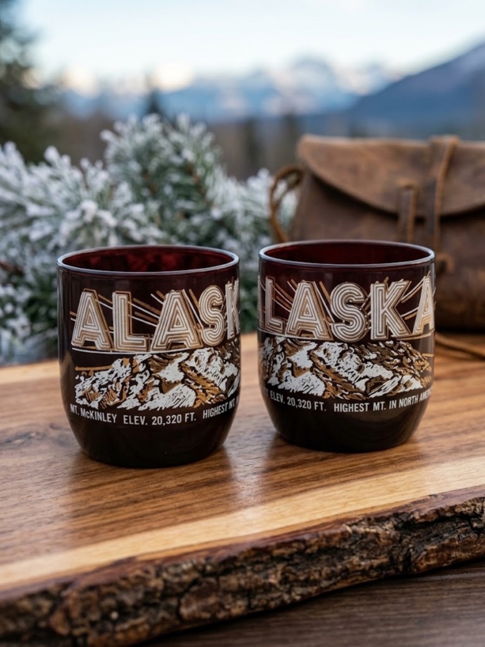 Vintage 2 Alaska Souvenir Glasses Burgundy